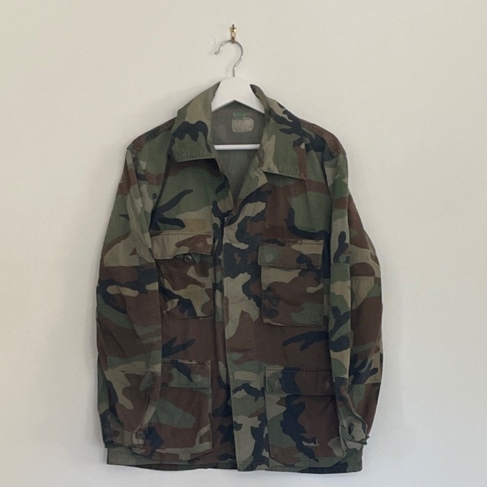 Vintage Woodland Camo Military Field Jacket BDU Utility Coat Green Brown Large